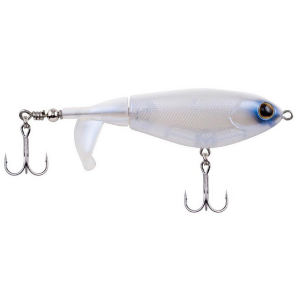 Fishing lure with two treble hooks on a white background